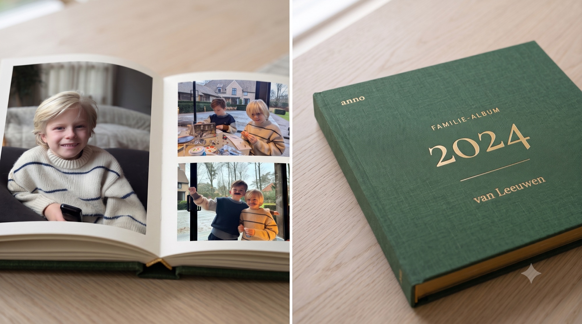 Anno familiealbum — groen linnen hardcover met goudfolie, opengeslagen spread